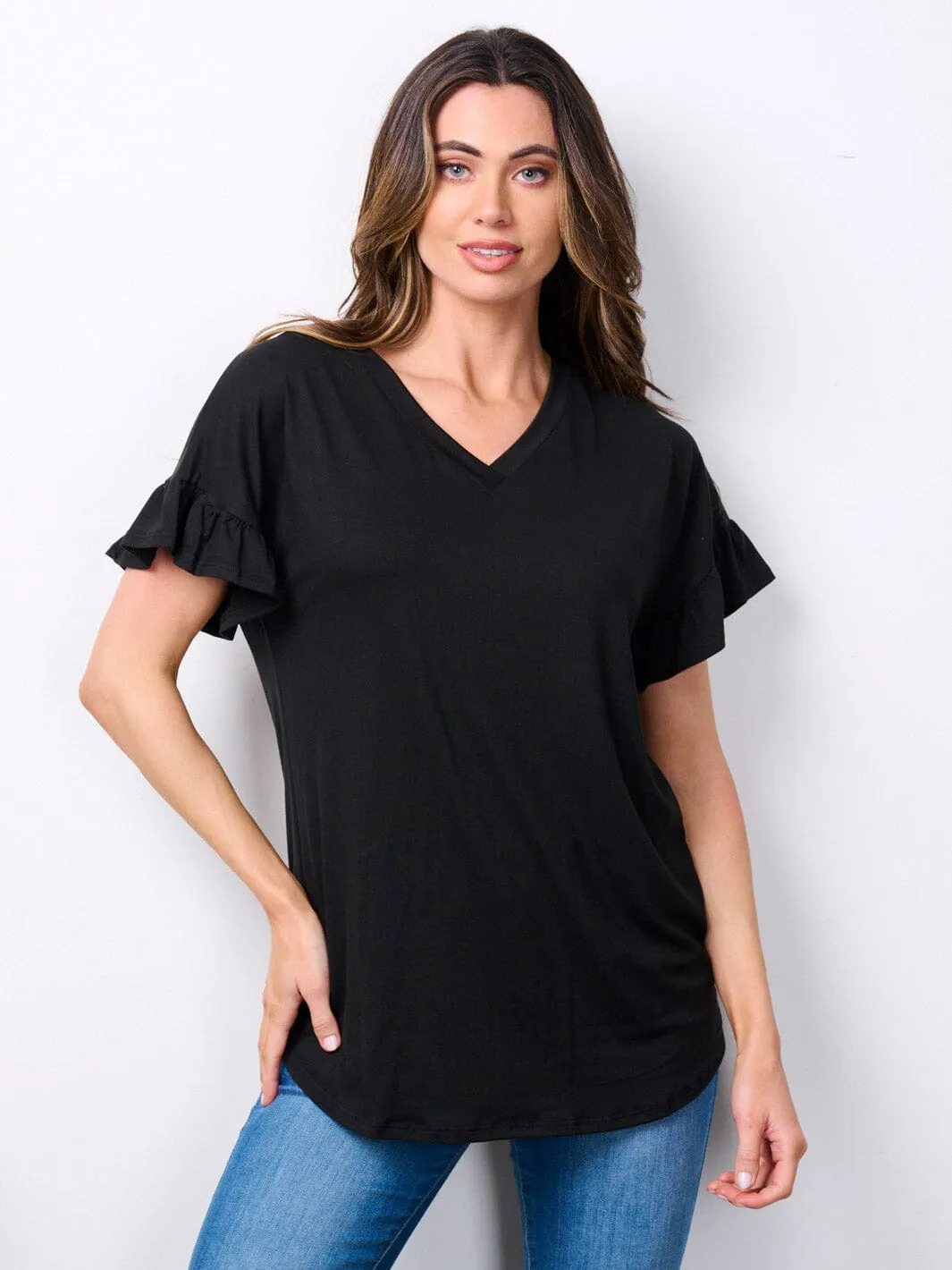 WOMEN'S SHORT RUFFLE SLEEVE V-NECK TUNIC TOP
