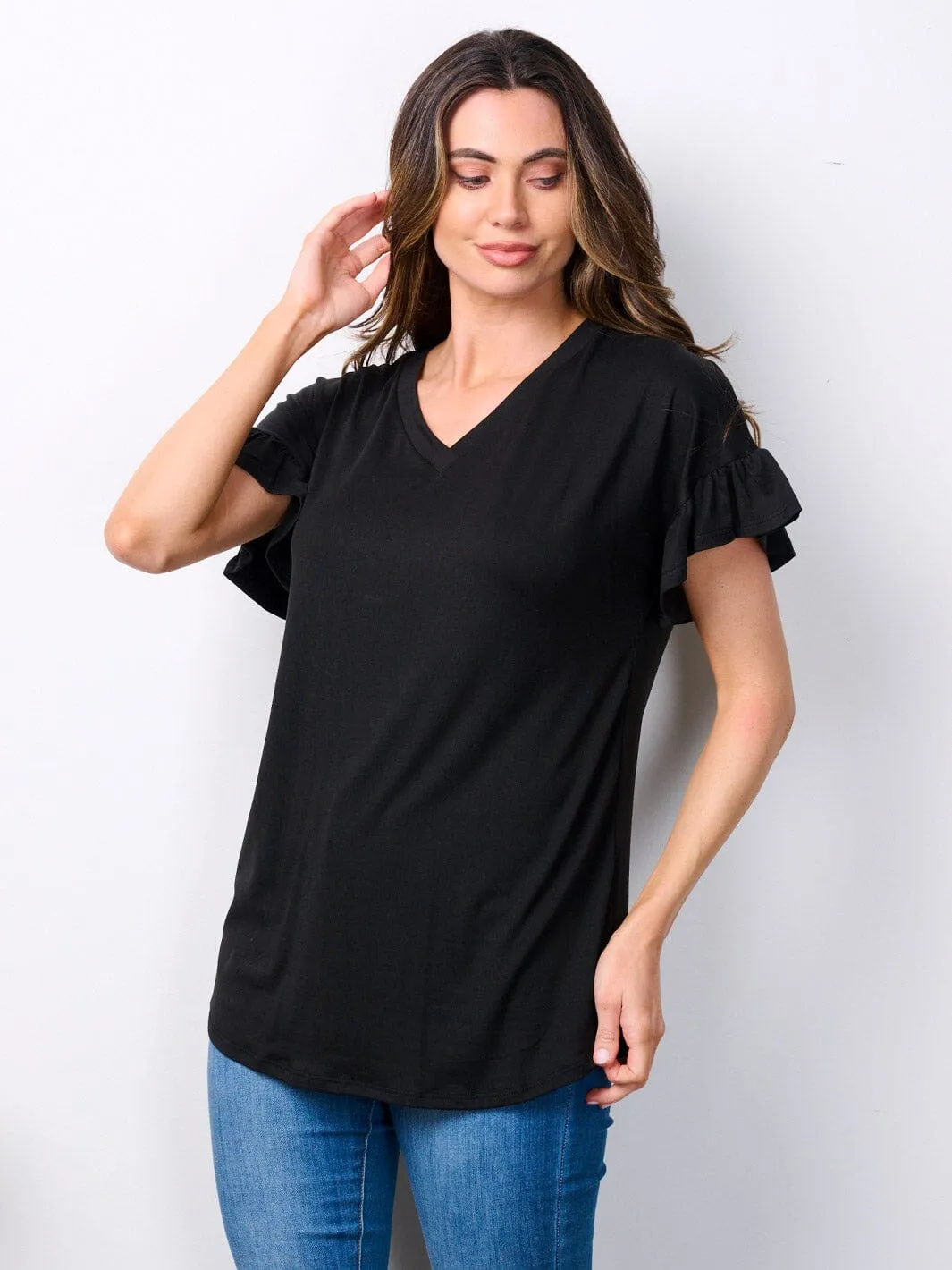 WOMEN'S SHORT RUFFLE SLEEVE V-NECK TUNIC TOP