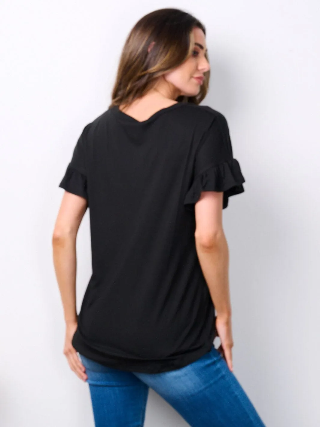 WOMEN'S SHORT RUFFLE SLEEVE V-NECK TUNIC TOP