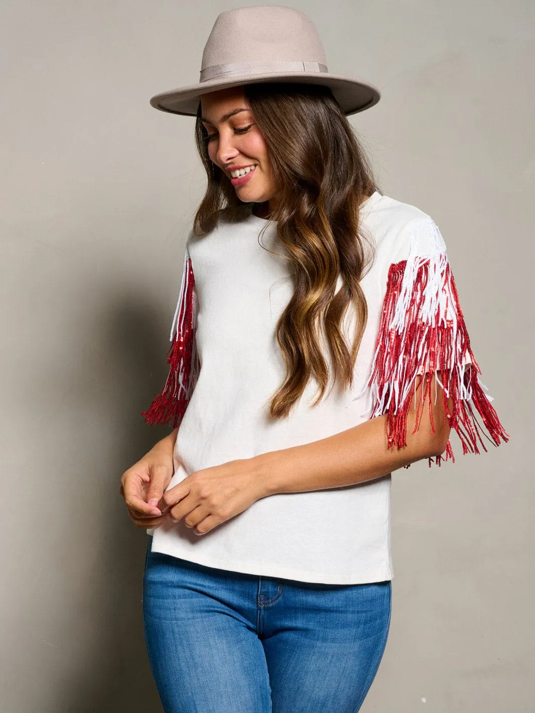 WOMEN'S SHORT SEQUINS FRINGE SLEEVE BLOUSE TOP