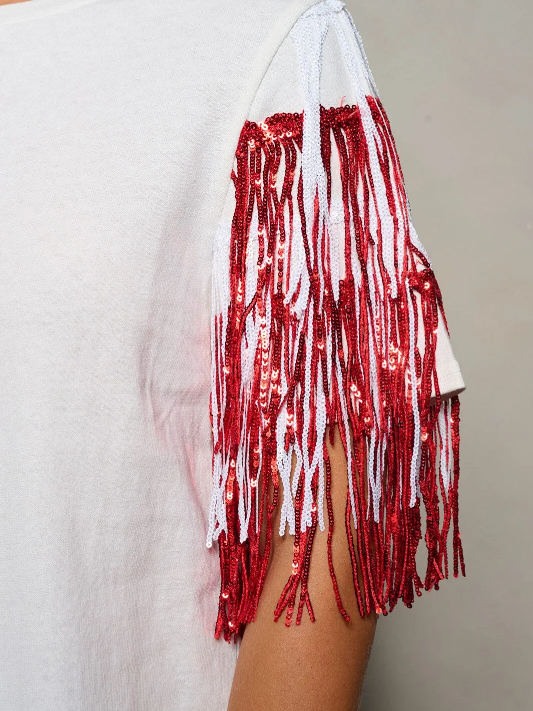 WOMEN'S SHORT SEQUINS FRINGE SLEEVE BLOUSE TOP