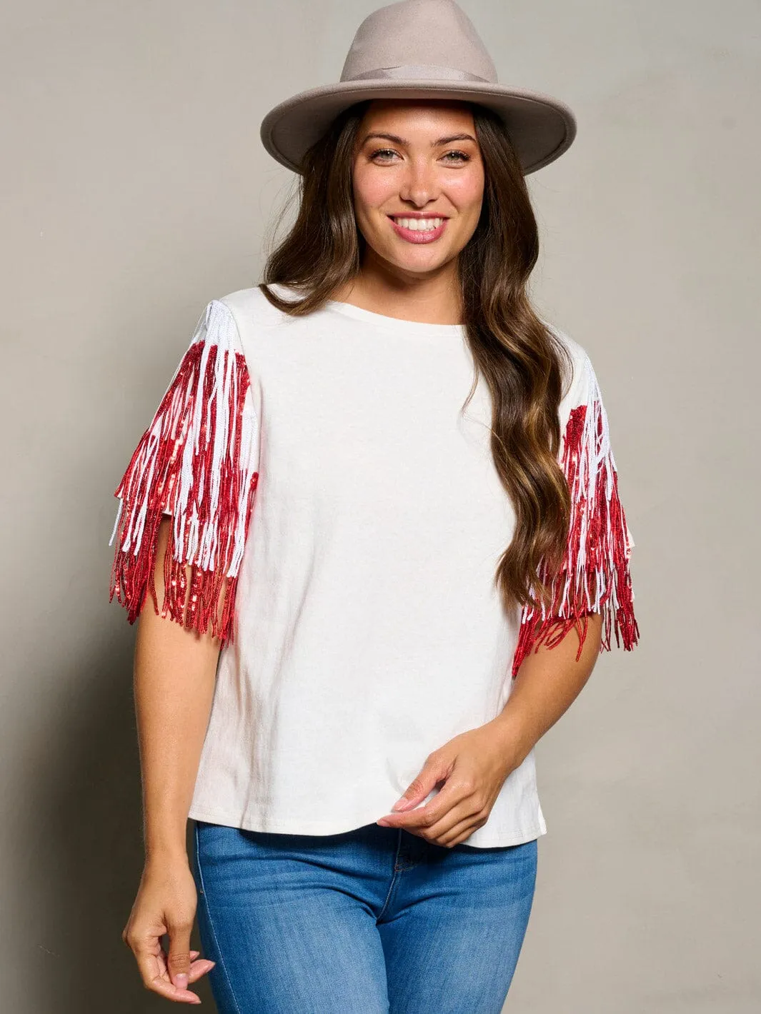 WOMEN'S SHORT SEQUINS FRINGE SLEEVE BLOUSE TOP