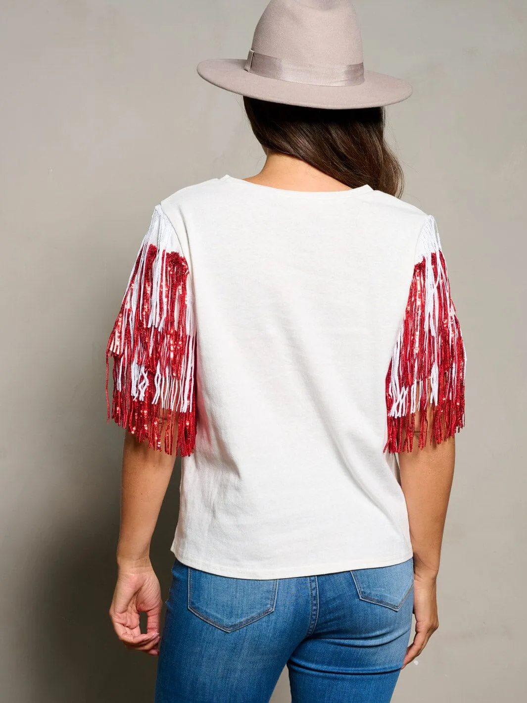 WOMEN'S SHORT SEQUINS FRINGE SLEEVE BLOUSE TOP