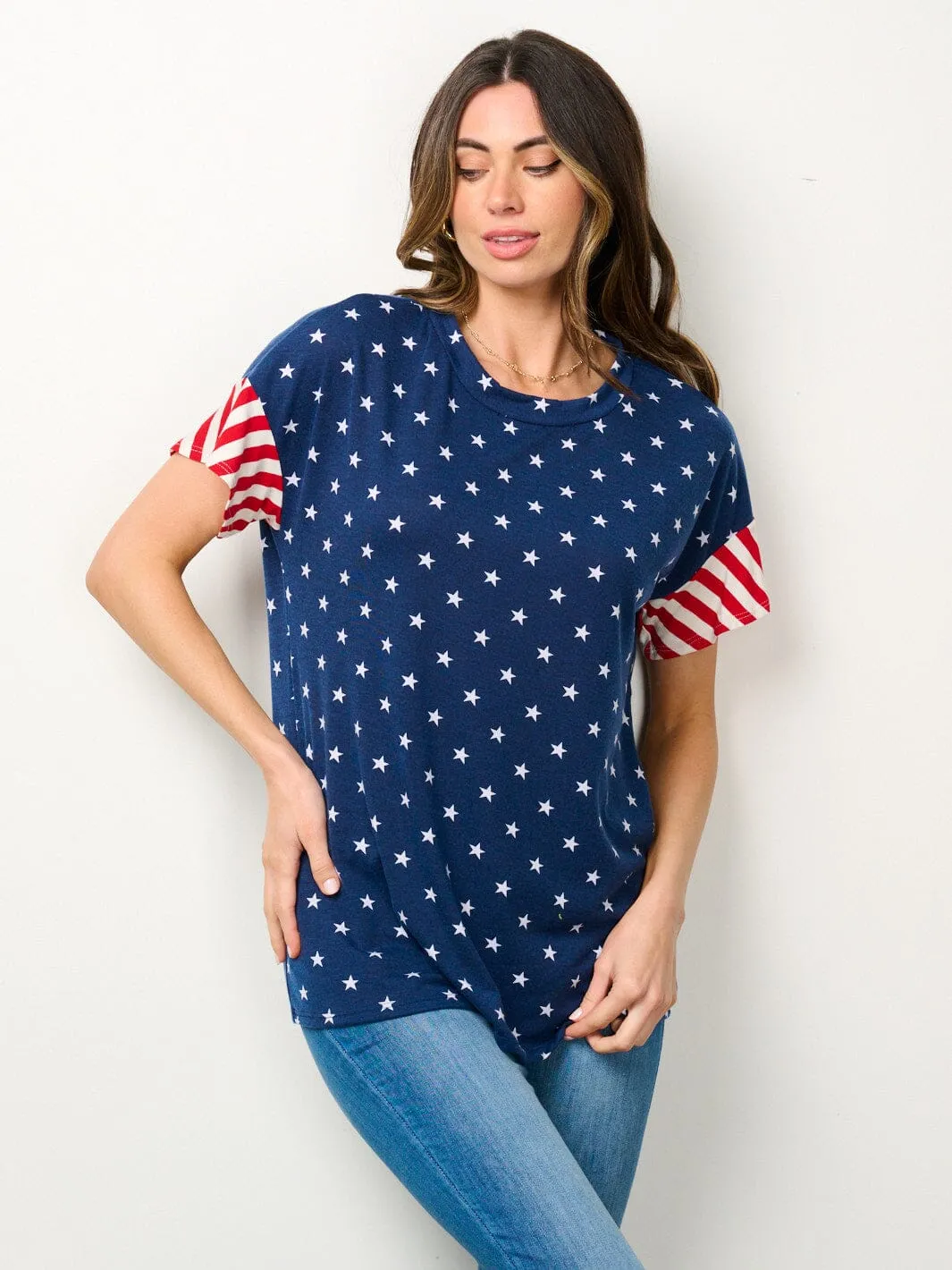 WOMEN'S SHORT SLEEVE AMERICAN FLAG GRAPGIC TOP