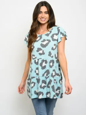 WOMEN'S SHORT SLEEVE ANIMAL PRINT TIERED TOP