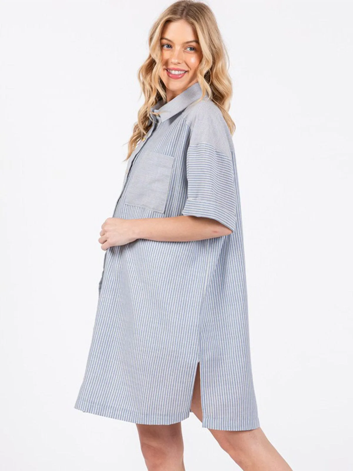 WOMEN'S SHORT SLEEVE BUTTON CLOSURE FRONT POCKETS STRIPES TUNIC TOP