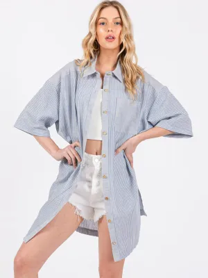 WOMEN'S SHORT SLEEVE BUTTON CLOSURE FRONT POCKETS STRIPES TUNIC TOP