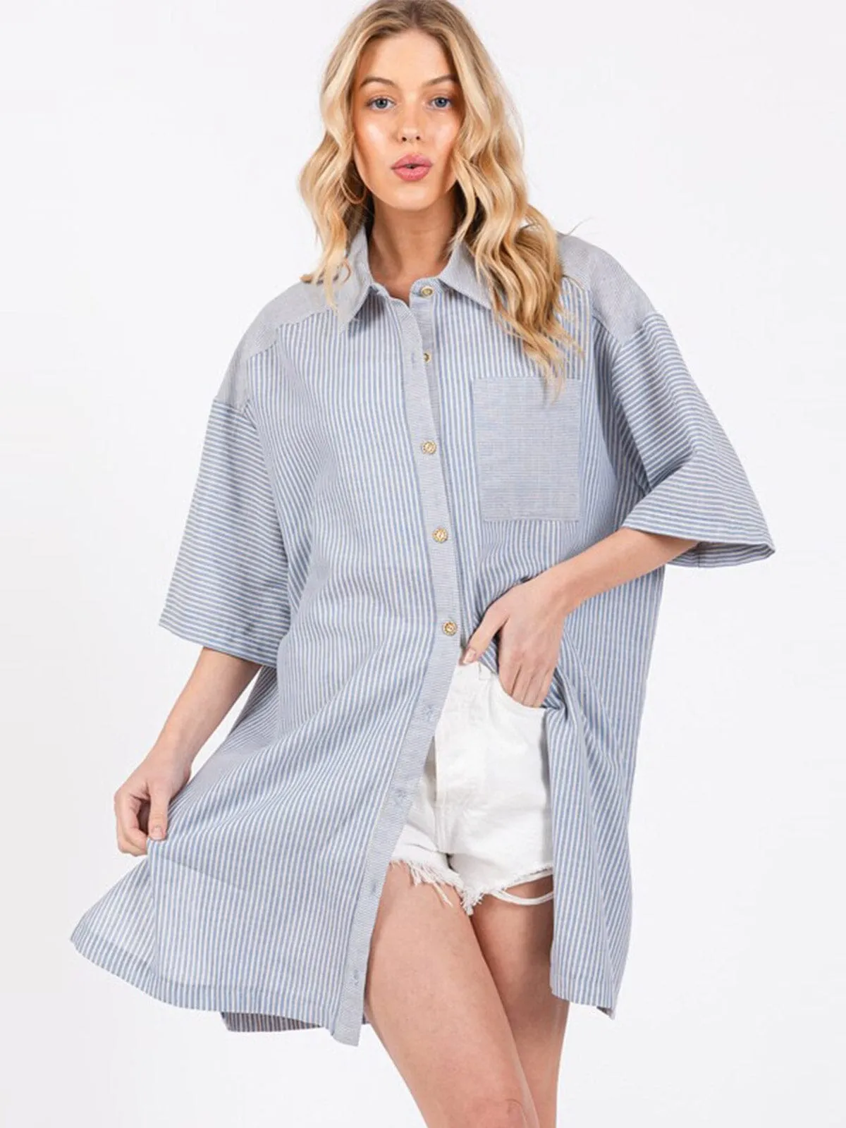 WOMEN'S SHORT SLEEVE BUTTON CLOSURE FRONT POCKETS STRIPES TUNIC TOP