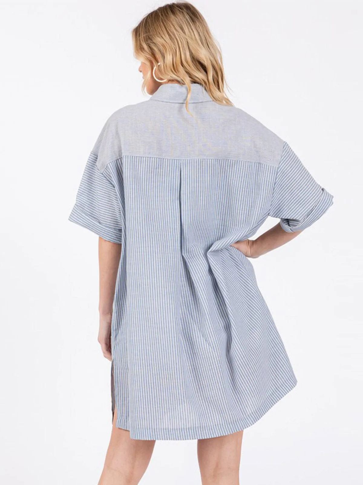 WOMEN'S SHORT SLEEVE BUTTON CLOSURE FRONT POCKETS STRIPES TUNIC TOP