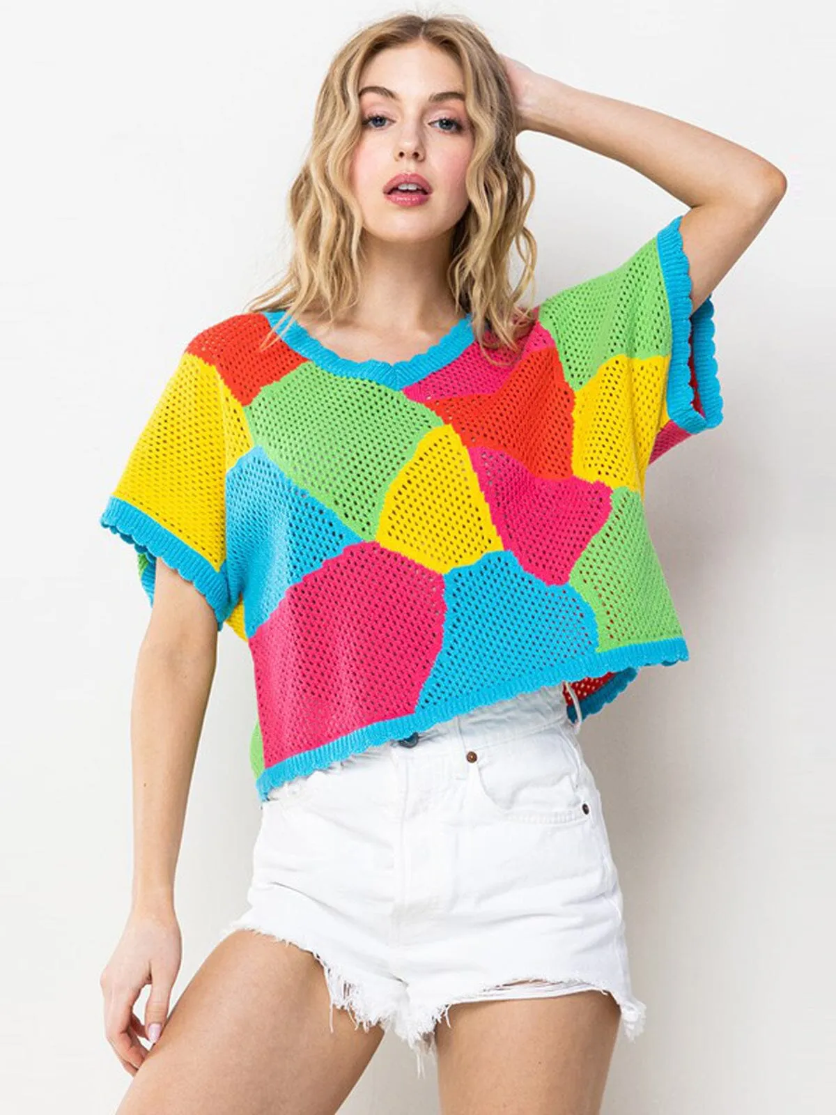 WOMEN'S SHORT SLEEVE COLORBLOCK TUNIC KNIT TOP