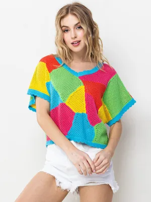 WOMEN'S SHORT SLEEVE COLORBLOCK TUNIC KNIT TOP