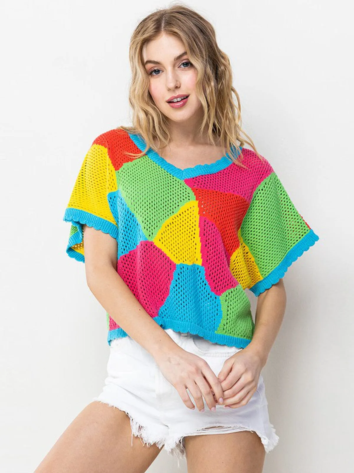 WOMEN'S SHORT SLEEVE COLORBLOCK TUNIC KNIT TOP
