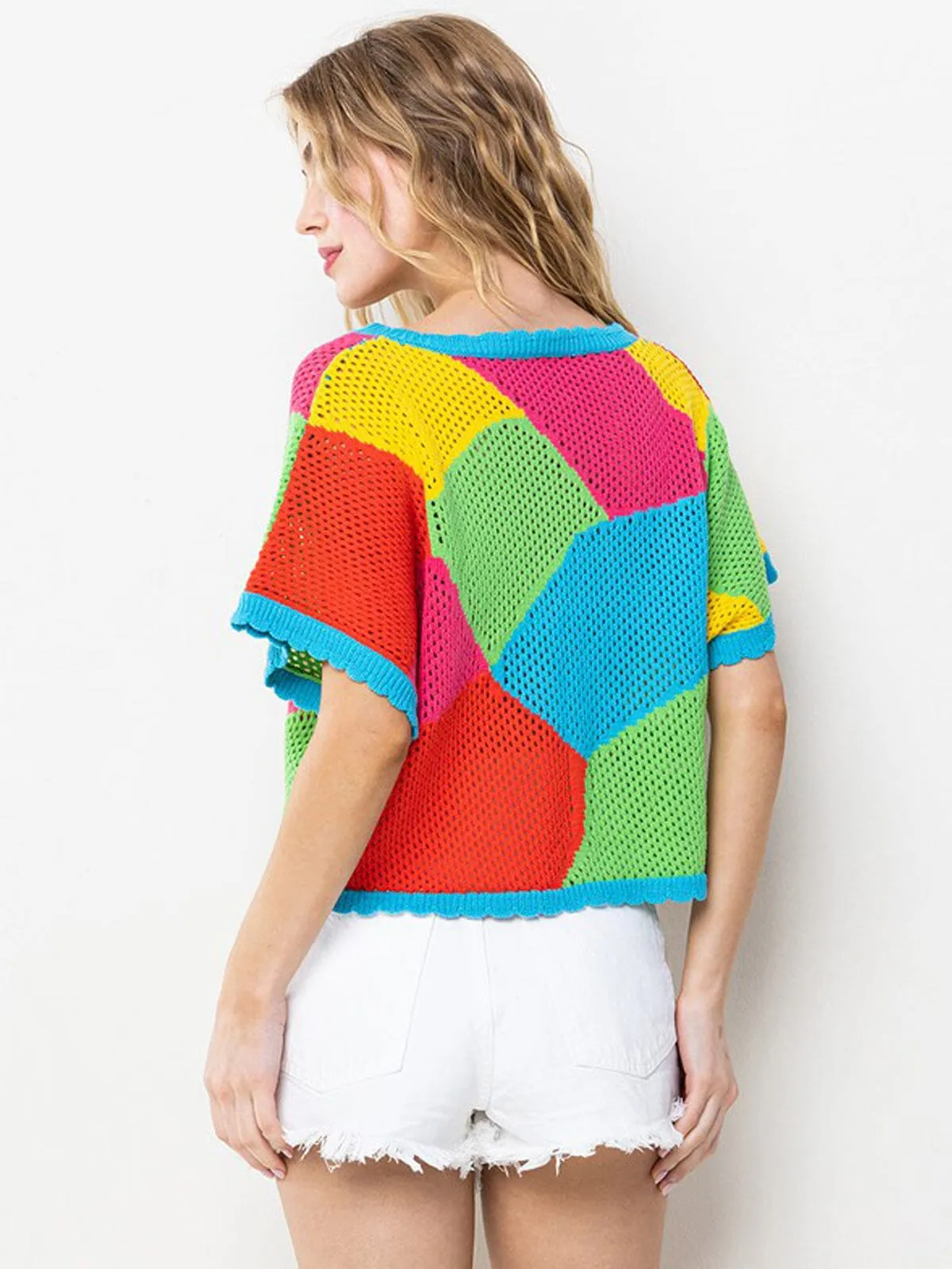 WOMEN'S SHORT SLEEVE COLORBLOCK TUNIC KNIT TOP