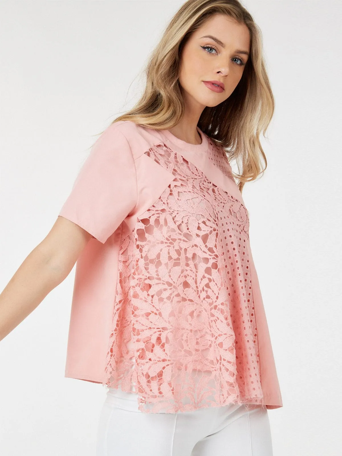 WOMEN'S SHORT SLEEVE CROCHET TUNIC BLOUSE