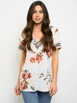 WOMEN'S SHORT SLEEVE FLORAL PRINT ANIMAL PRINT TOP