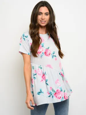 WOMEN'S SHORT SLEEVE FLORAL PRINT TIERED TOP