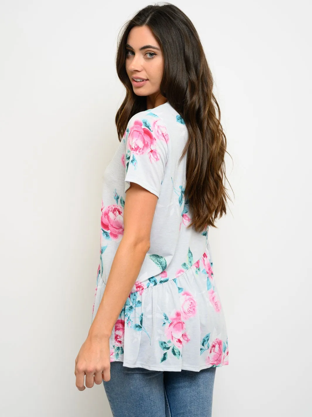 WOMEN'S SHORT SLEEVE FLORAL PRINT TIERED TOP