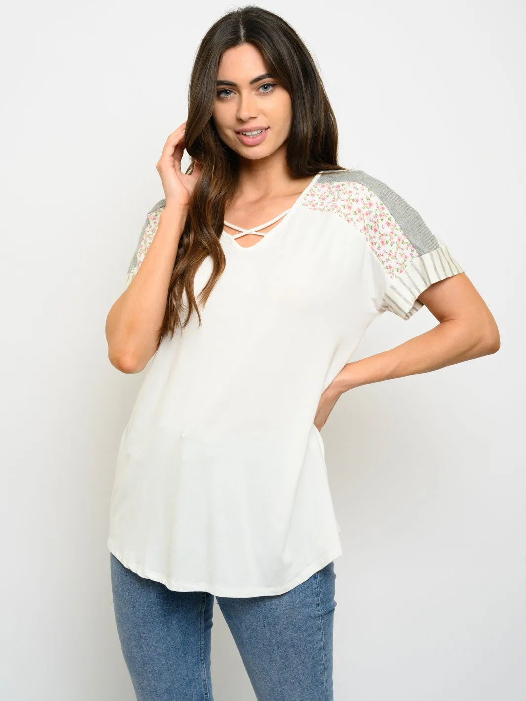 WOMEN'S SHORT SLEEVE FLORAL PRINT TOP
