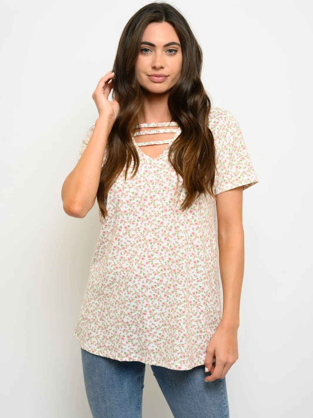 WOMEN'S SHORT SLEEVE FLORAL PRINT TOP