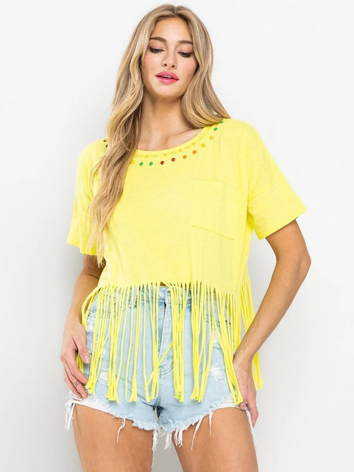 WOMEN'S SHORT SLEEVE FRONT POCKET FRINGE DETAILED TOP
