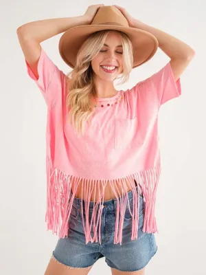 WOMEN'S SHORT SLEEVE FRONT POCKET FRINGE DETAILED TOP