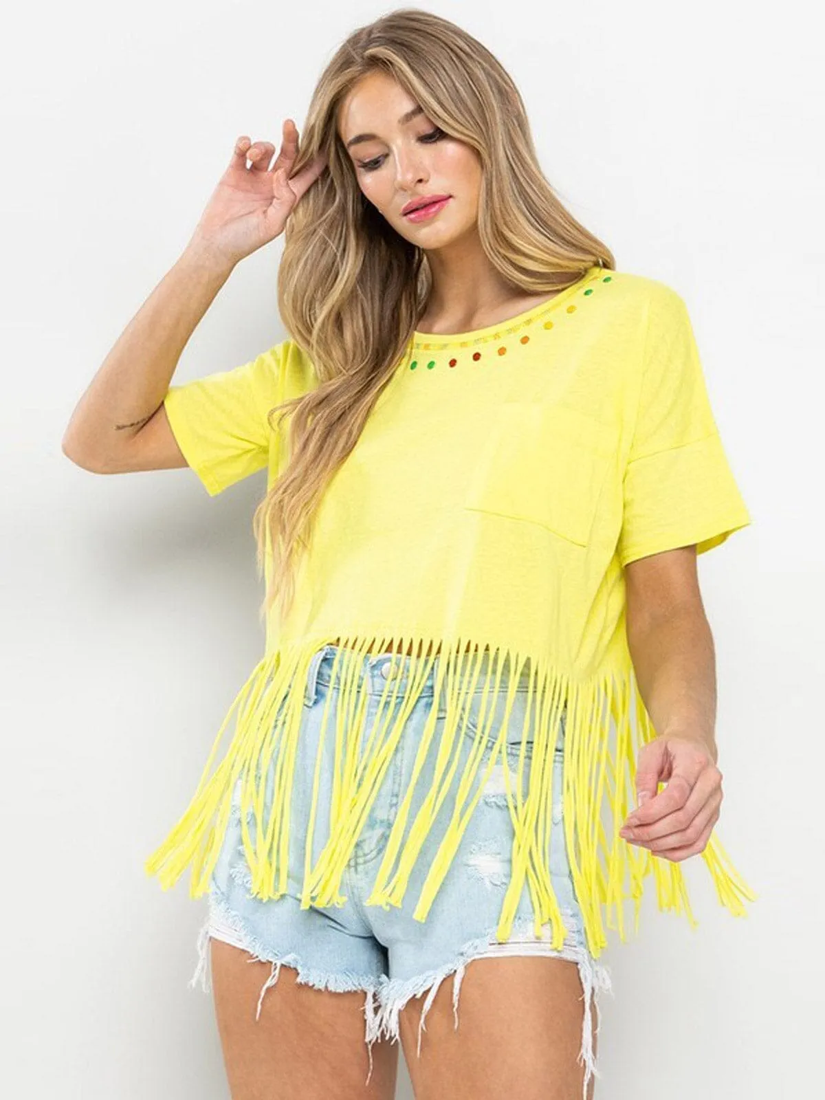 WOMEN'S SHORT SLEEVE FRONT POCKET FRINGE DETAILED TOP
