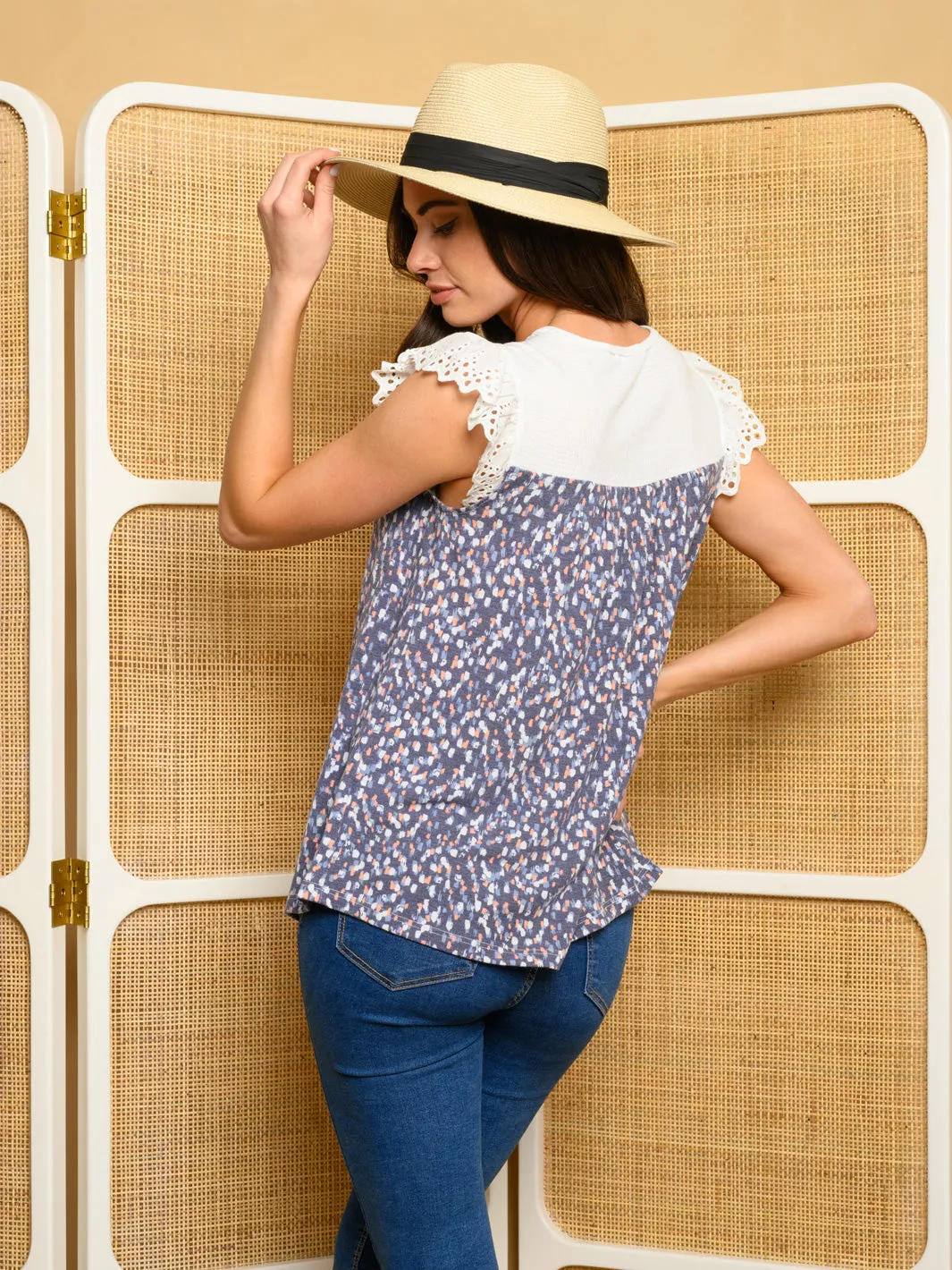 WOMEN'S SHORT SLEEVE FRONT TIE FLORAL TOP