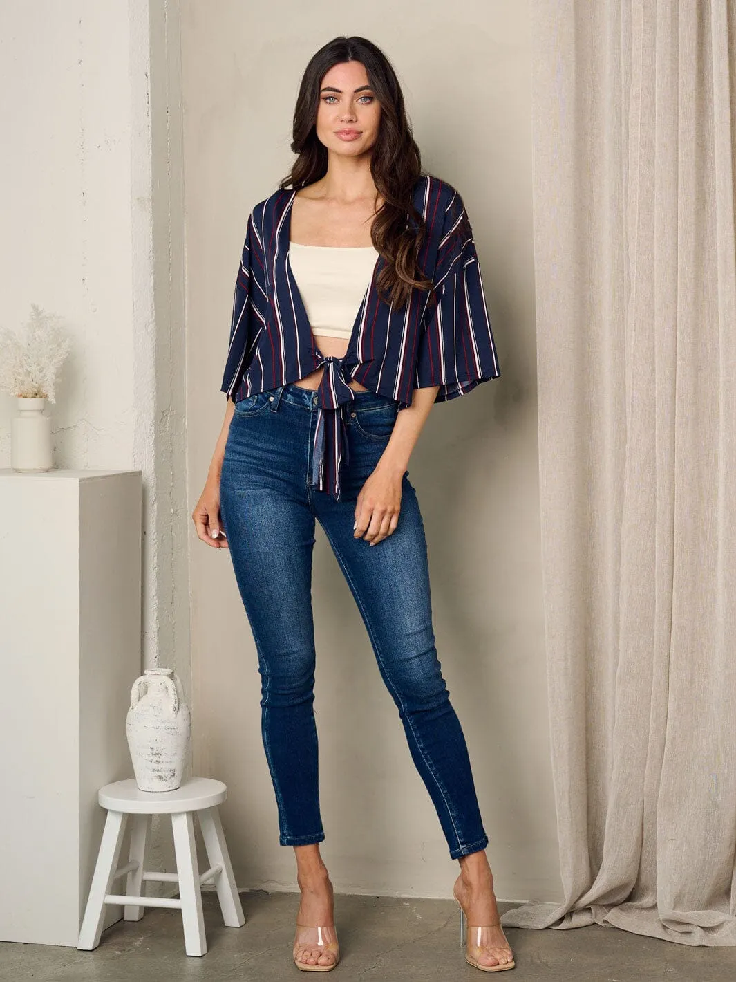 WOMEN'S SHORT SLEEVE FRONT TIE STRIPES TOP