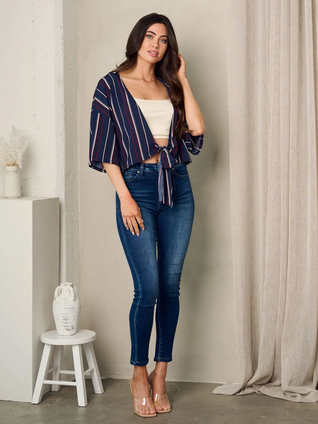 WOMEN'S SHORT SLEEVE FRONT TIE STRIPES TOP