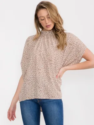 WOMEN'S SHORT SLEEVE MOCK NECK ANIMAL PRINT BLOUSE