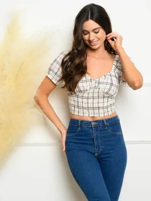 WOMEN'S SHORT SLEEVE PLAID SMOCKING CROP TOP