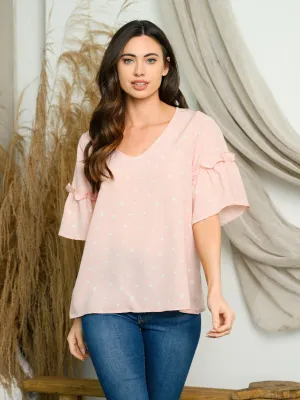 WOMEN'S SHORT SLEEVE POLKA DOT V-NECK TOP