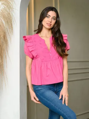 WOMEN'S SHORT SLEEVE RUFFLE DETAIL POPLIN TOP