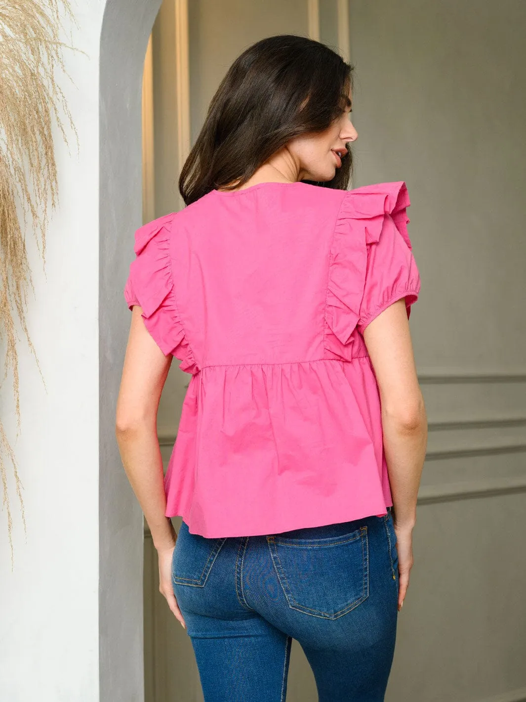 WOMEN'S SHORT SLEEVE RUFFLE DETAIL POPLIN TOP