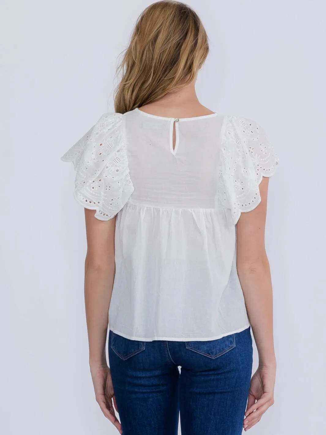 WOMEN'S SHORT SLEEVE RUFFLE EYELET TUNIC TOP