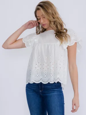 WOMEN'S SHORT SLEEVE RUFFLE EYELET TUNIC TOP