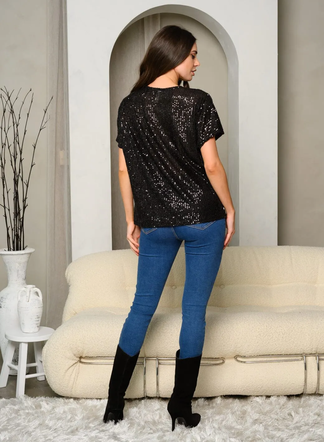 WOMEN'S SHORT SLEEVE SEQUINS TUNIC TOP