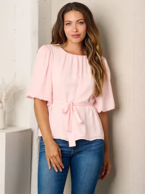 WOMEN'S SHORT SLEEVE SOLID SELF TIE BLOUSE TOP