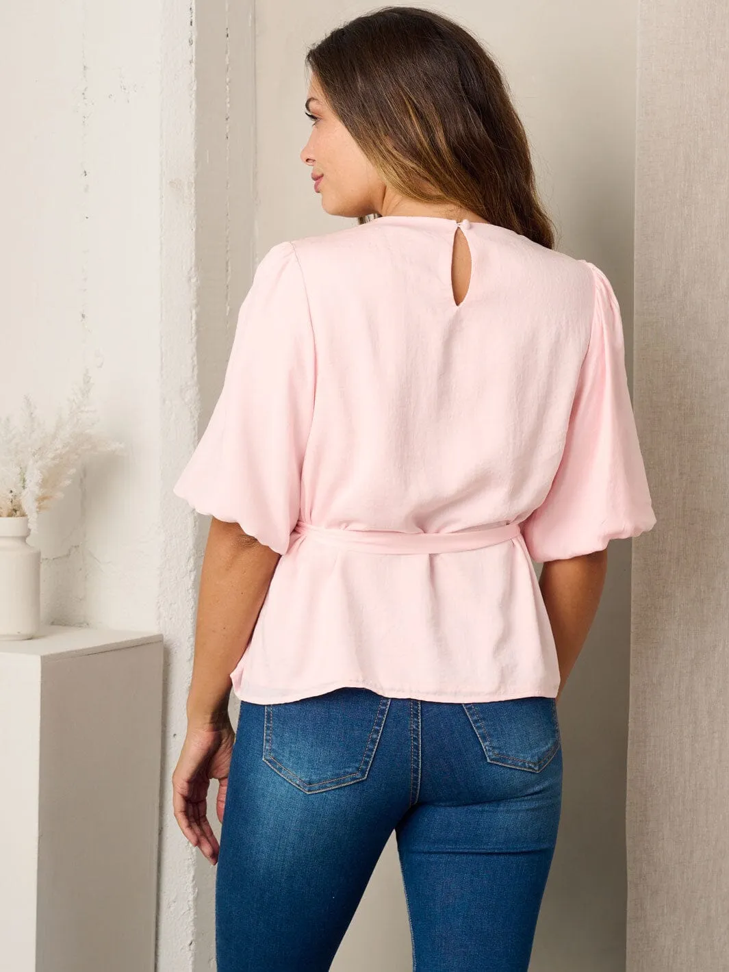 WOMEN'S SHORT SLEEVE SOLID SELF TIE BLOUSE TOP