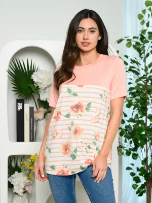 WOMEN'S SHORT SLEEVE STRIPE FLORAL FRONT KNOT TOP