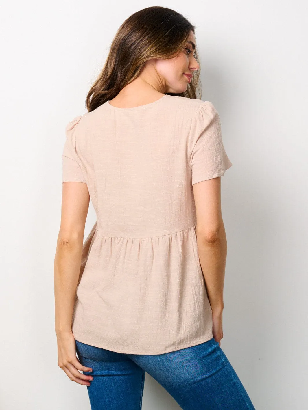 WOMEN'S SHORT SLEEVE V-NECK DETAILED TUNIC TOP