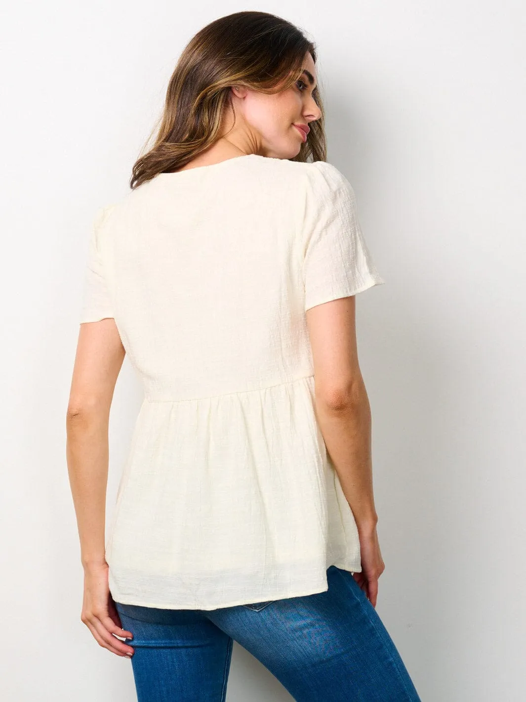 WOMEN'S SHORT SLEEVE V-NECK DETAILED TUNIC TOP