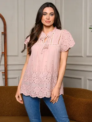 WOMEN'S SHORT SLEEVE V-NECK EYELET DETAILED TUNIC TOP