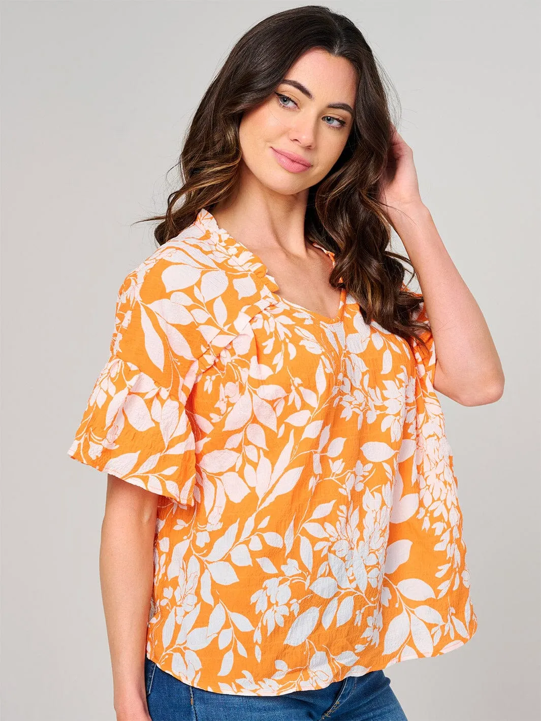 WOMEN'S SHORT SLEEVE V-NECK FLORAL PRINT TUNIC BLOUSE