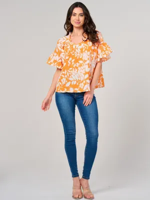 WOMEN'S SHORT SLEEVE V-NECK FLORAL PRINT TUNIC BLOUSE