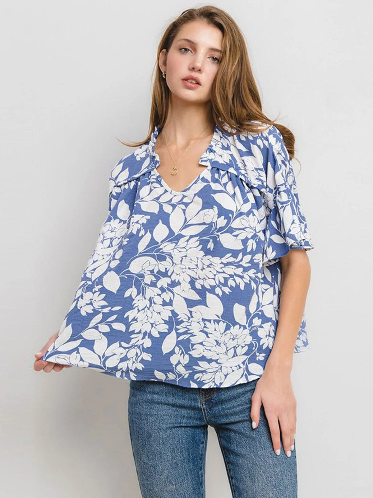 WOMEN'S SHORT SLEEVE V-NECK FLORAL PRINT TUNIC BLOUSE