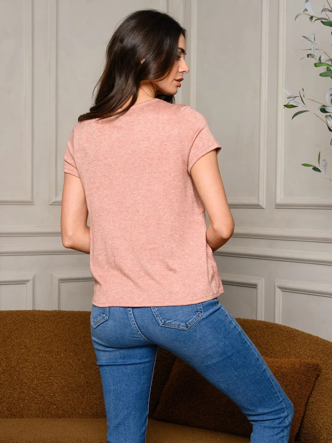 WOMEN'S SHORT SLEEVE V-NECK SURPLICE TUNIC TOP