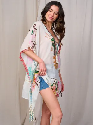WOMEN'S SHORT SLEEVE V-NECK TRIM TUNIC FLORAL TOP