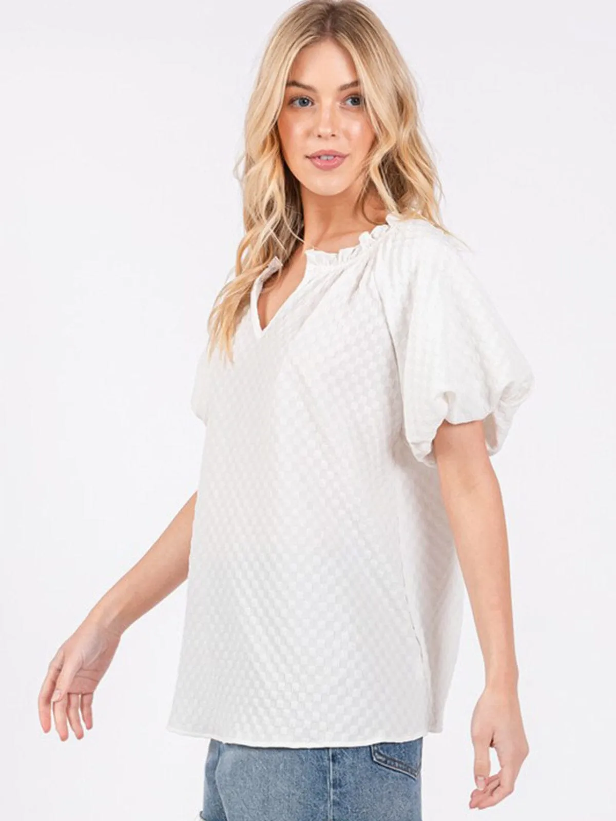 WOMEN'S SHORT SLEEVE V-NECK TUNIC DETAILED BLOUSE