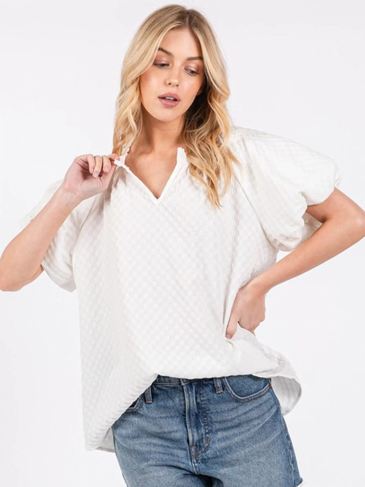 WOMEN'S SHORT SLEEVE V-NECK TUNIC DETAILED BLOUSE
